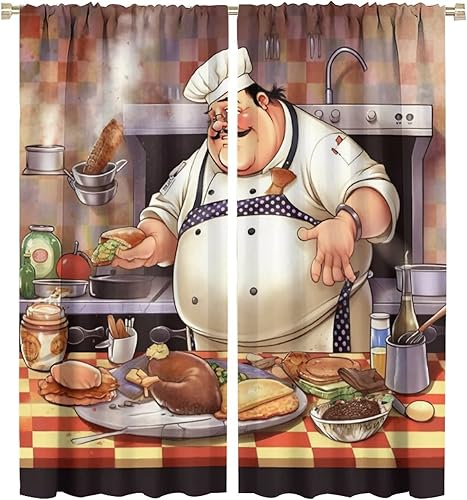 Miniatura 50 de Cortina de decoración de cocina de chef, retro gourmet de dibujos animados, chef gordo de cocina, patrón de comida gourmet, decoración del hogar,