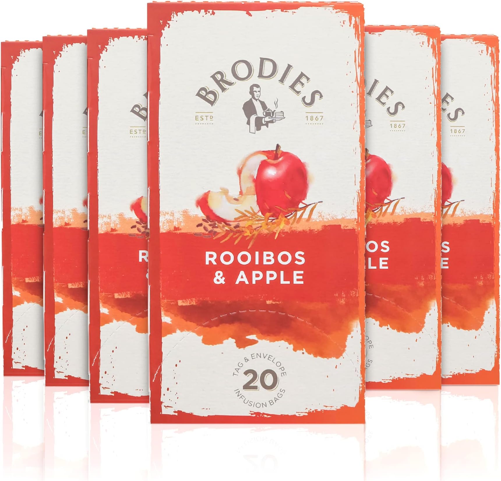 Rooibos and Apple Tag and Envelope - 6 Tea Boxes of 20 Tea Bags each (120 Tea Bags) - Infusion of natural nutty tase combined with the flavour of Apple. Caffeine Free