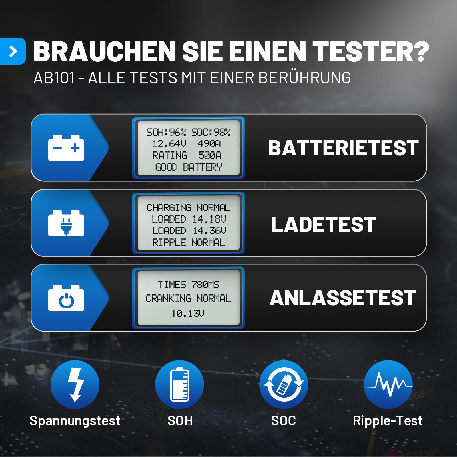 TOPDON AB101 - Batterietester kfz 12V, universal Autobatterie Tester | für Kfz/PKW/Motorrad/SUV, Autobatterie Tester Zustand Starten & Ladesystem Testgerät, mit 6 Sprachen