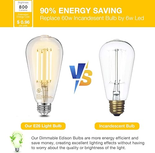 Miniatura 4 de DAYBETTER Bombillas LED Edison vintage, bombilla LED E26 equivalente a 60 W, bombillas LED regulables, alto brillo 6 W 800 LM, blanco cálido 2700 K,