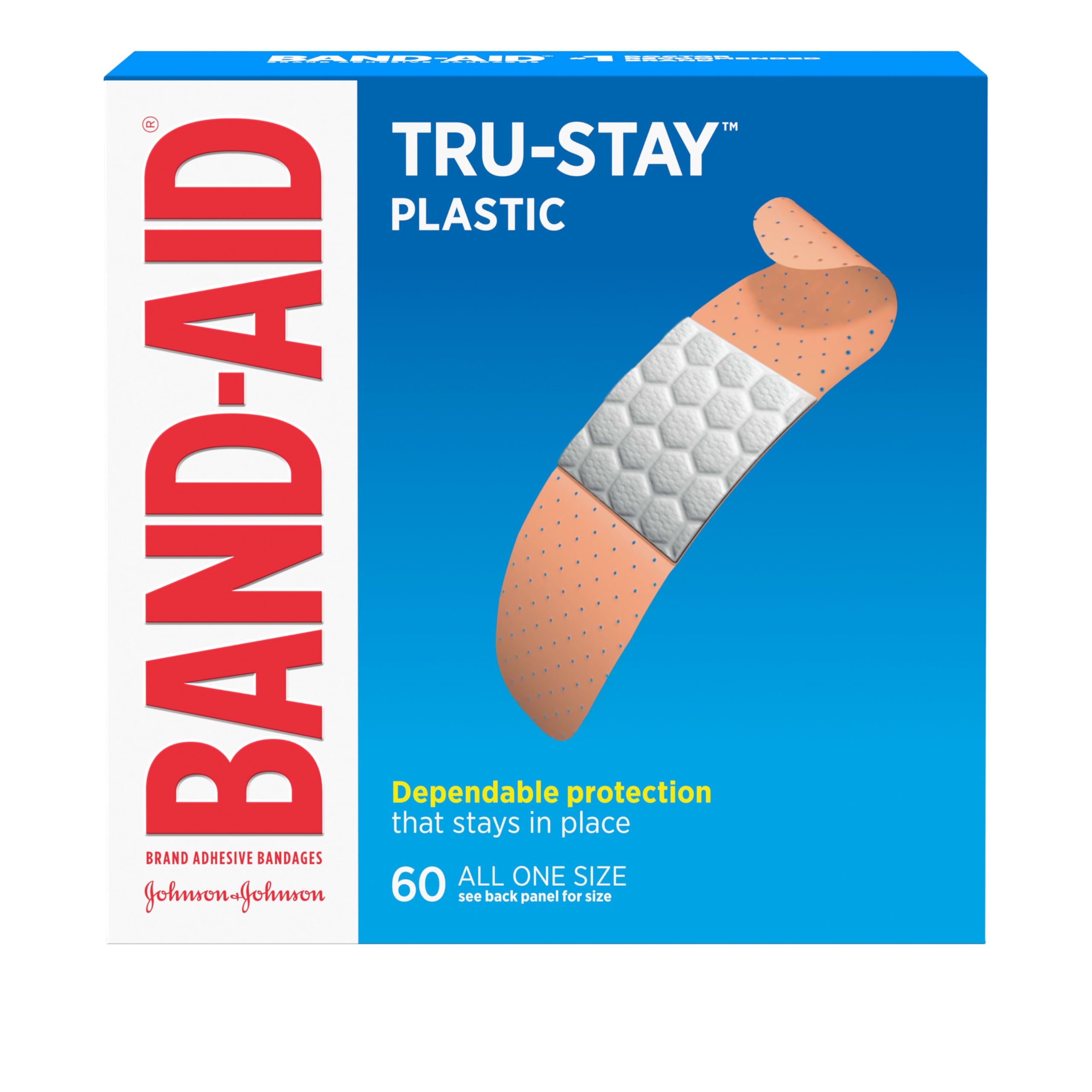 Band-Aid Brand Tru-Stay Plastic Strips Adhesive Bandages for First Aid & Wound Protection, Sterile Individually Wrapped Wound Care Bandages for Minor Cuts & Scrapes, All One Size, 60 ct