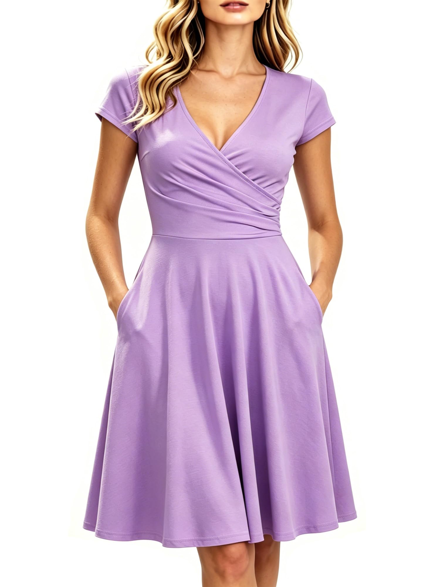oxiuly Women's Vintage Dot V-Neck Cap Sleeve Casual Pockets Swing Tea Dress OX296