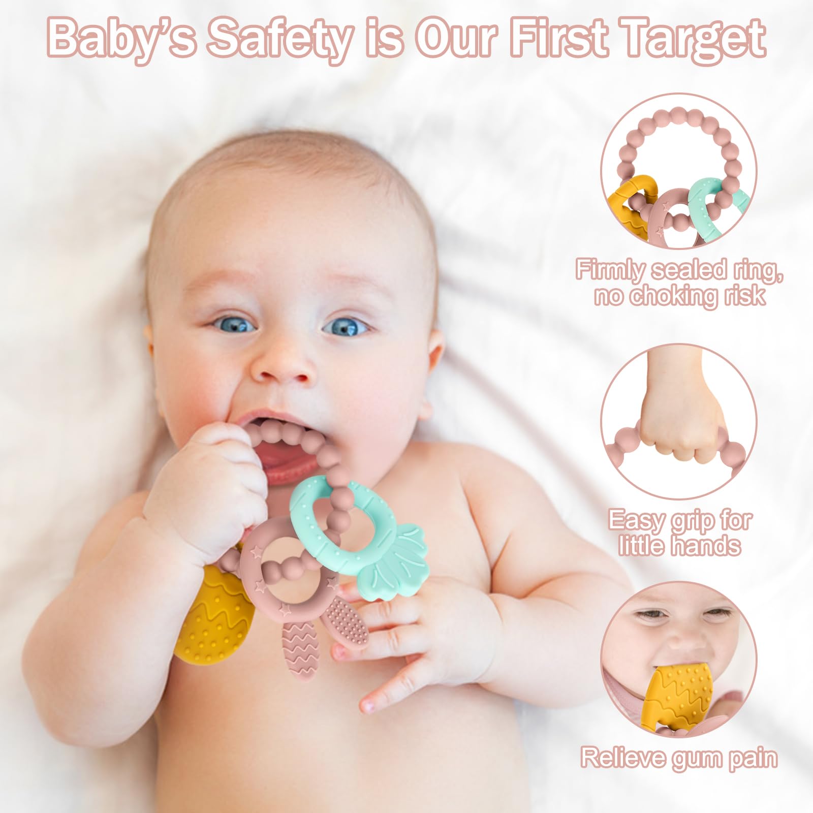 Easter Silicone Teething Toys, 3 Months+, Infant Baby Easter Basket Stuffers for Babies, Baby's Easter Egg Rabbit Carrot Teether Toy, Easter Gift for Girl or Boy (Pink)