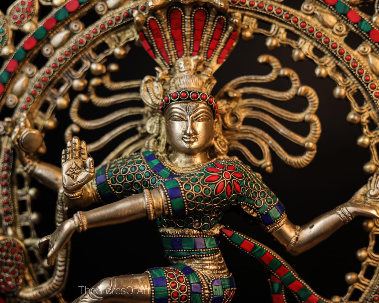 Statua Nataraja in ottone grande con mosaico in pietra, 56 cm grande dimensione ottone danzante Shiva Natraj statua, Shiva danzante | Ideale per la decorazione della casa | Lord Shiva in danza cosmica