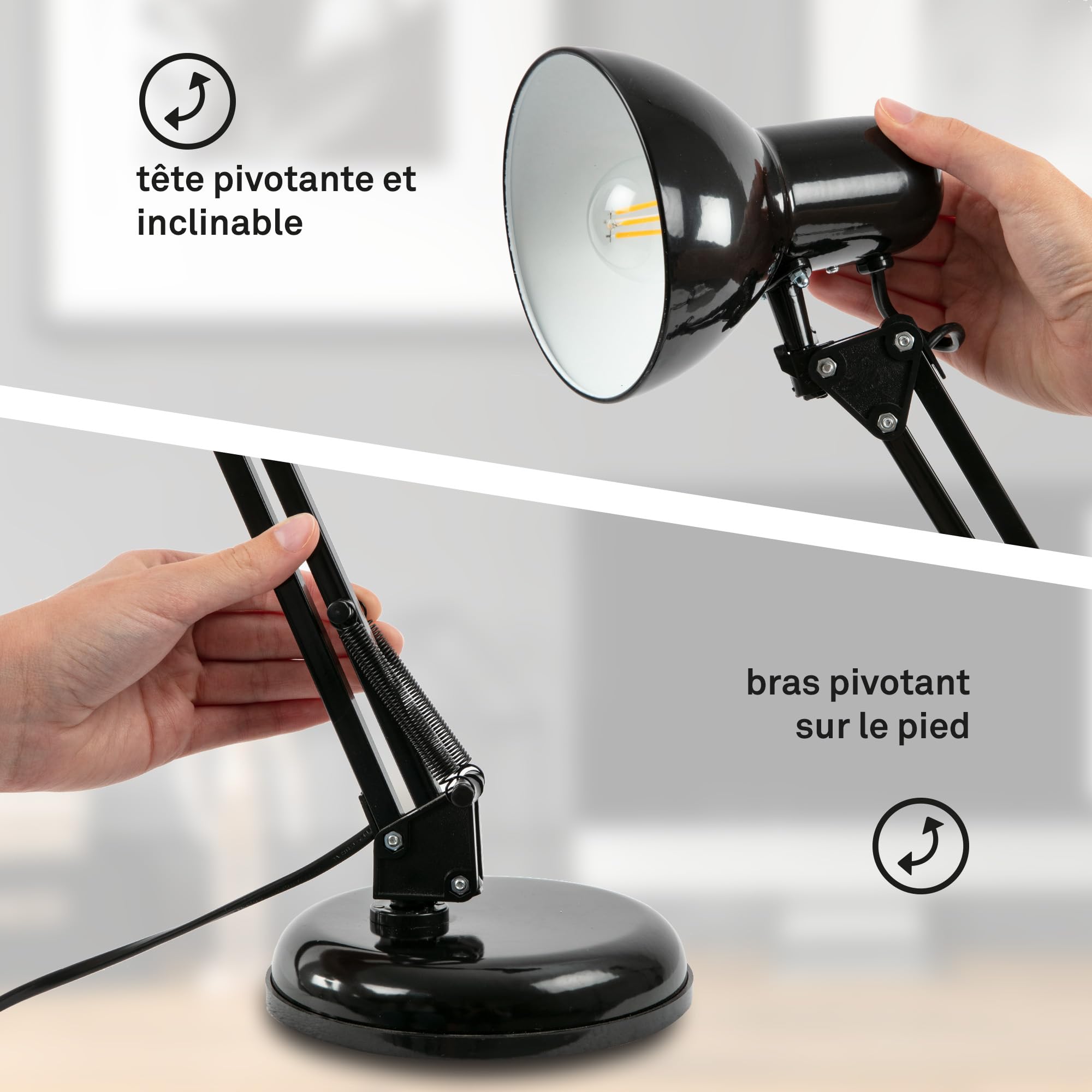BRILONER - Lampe de bureau orientable, lampe de table avec interrupteur à fil, lampe de table rétro douille E14, 546x224 mm (DxH), noir