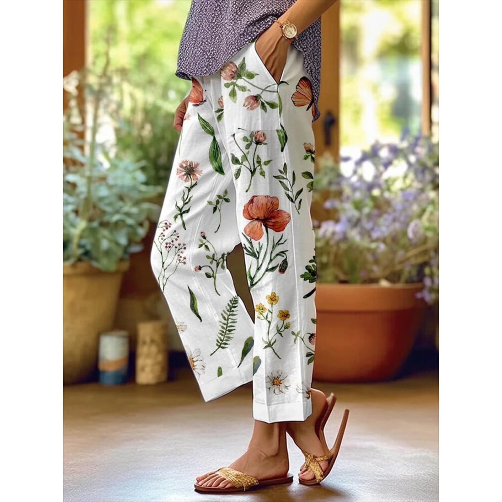 Sommerhose Damen Leicht Leinenhose Sommer Baumwolle Leinen Hose Boho Freizeithose Blumen Strandhose Luftige Stoffhose Bequeme Caprihose Damenhosen Mit Taschen