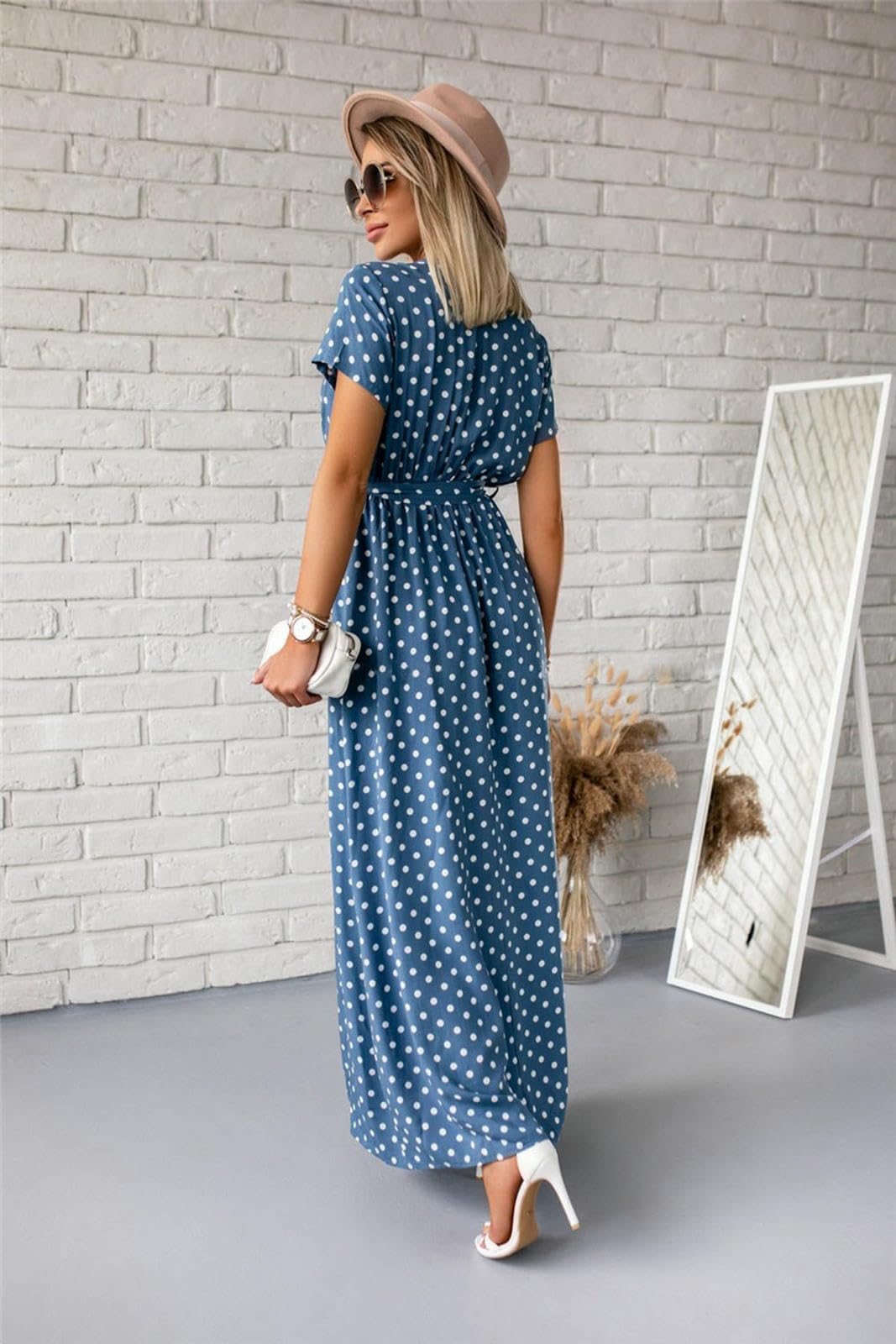 Letnie sukienki dla kobiet, damska sukienka z dekoltem w serek, krótki rękaw, nadruk w kropki, sukienka z rozcięciem, styl boho