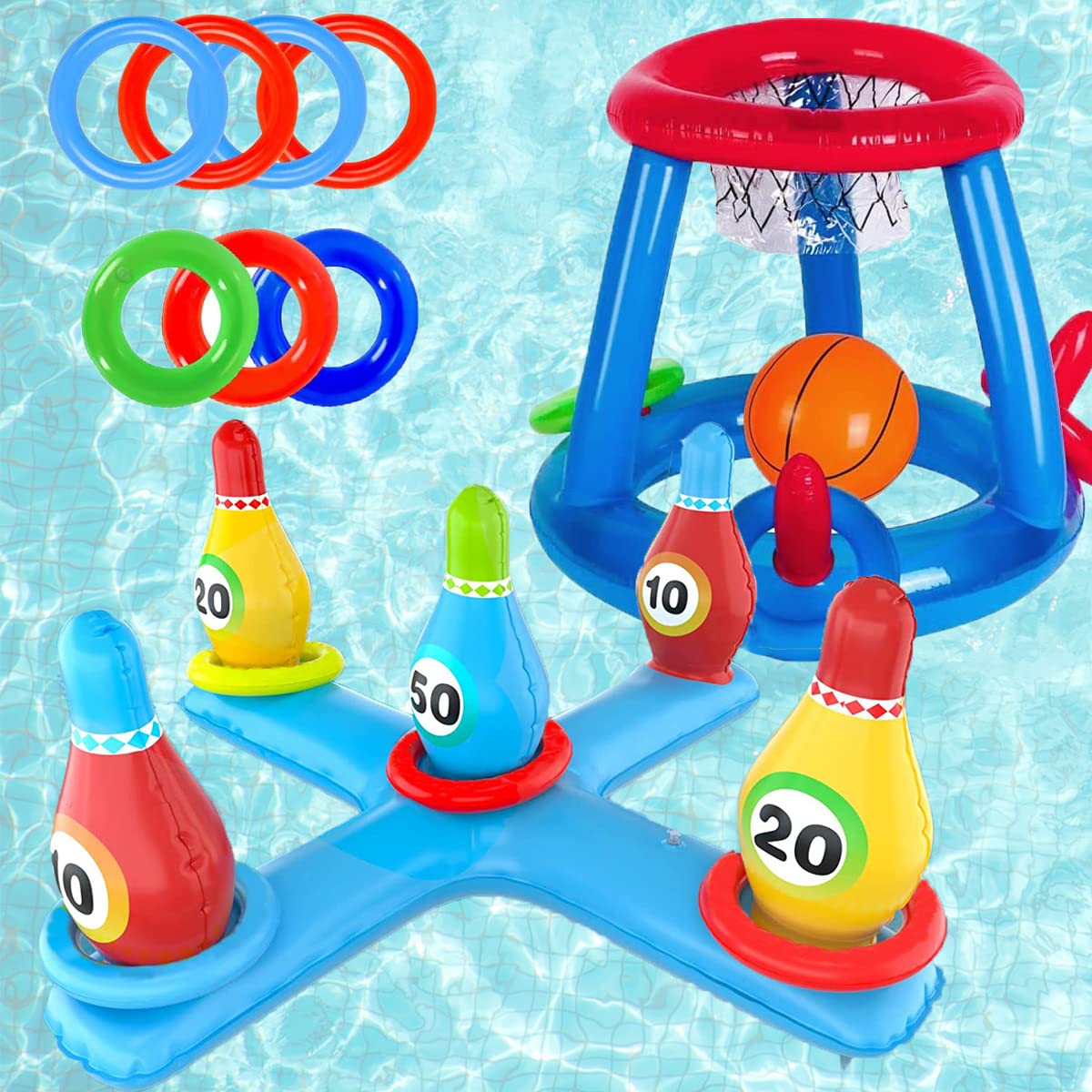 LAMOOERInflatable Pool Basketball Toys Set, Floating Swimming Ring & Beach Ball Toss Games Summer Party Fun Favors Water Battle Game for Kids & Adults (Set B - Basketball + Bowling Cross)