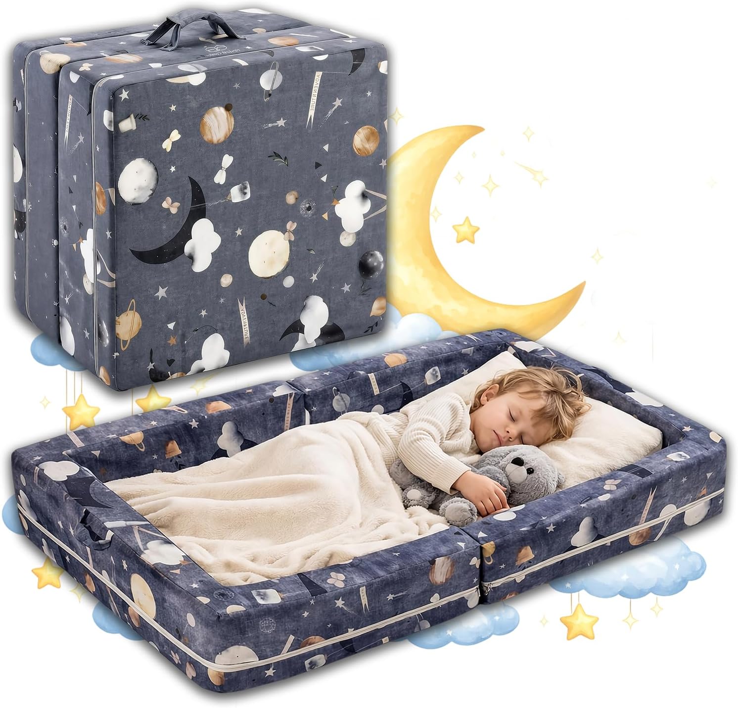 Portable Toddler Bed — Foldable Toddler Travel Bed & Folding Floor Bed for Kids/Toddlers 1-5, High-Density Foam, Safety Rails, Washable Cover, No Assembly