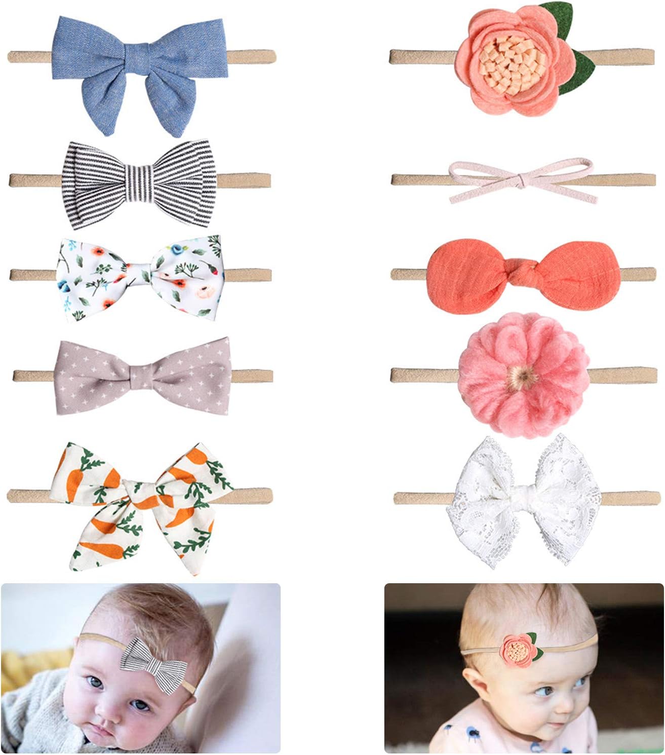 EVBEA 10 Packs Baby Headbands Bows Flower Lace Band Hair Accessories Baby Girl Nylon Turban Headwraps Infant Beanie Soft Cap