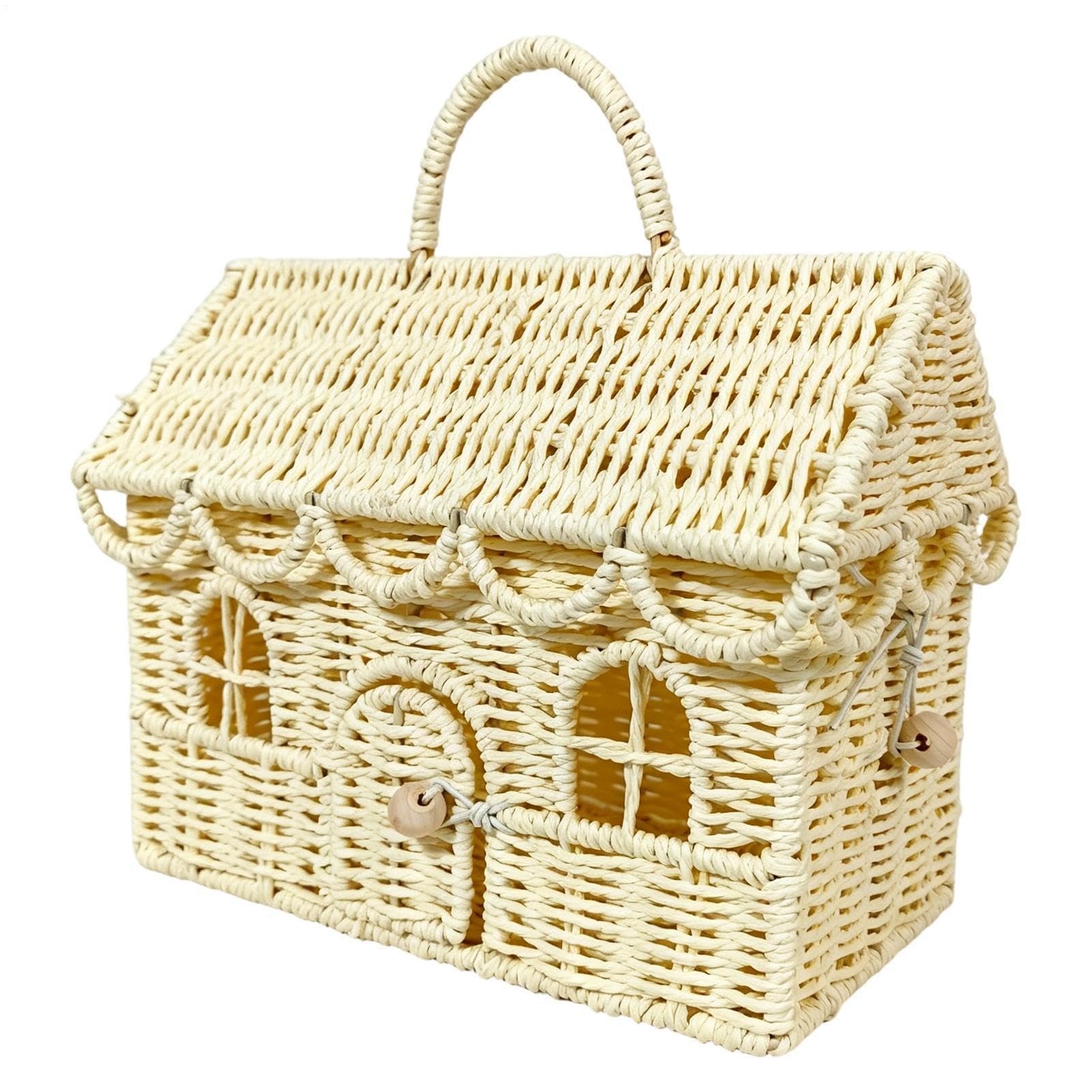 Cesto portaoggetti intrecciato a forma di casa con coperchio, ideale per casa, matrimonio, cucina, camera da letto, cameretta dei bambini e fattoria