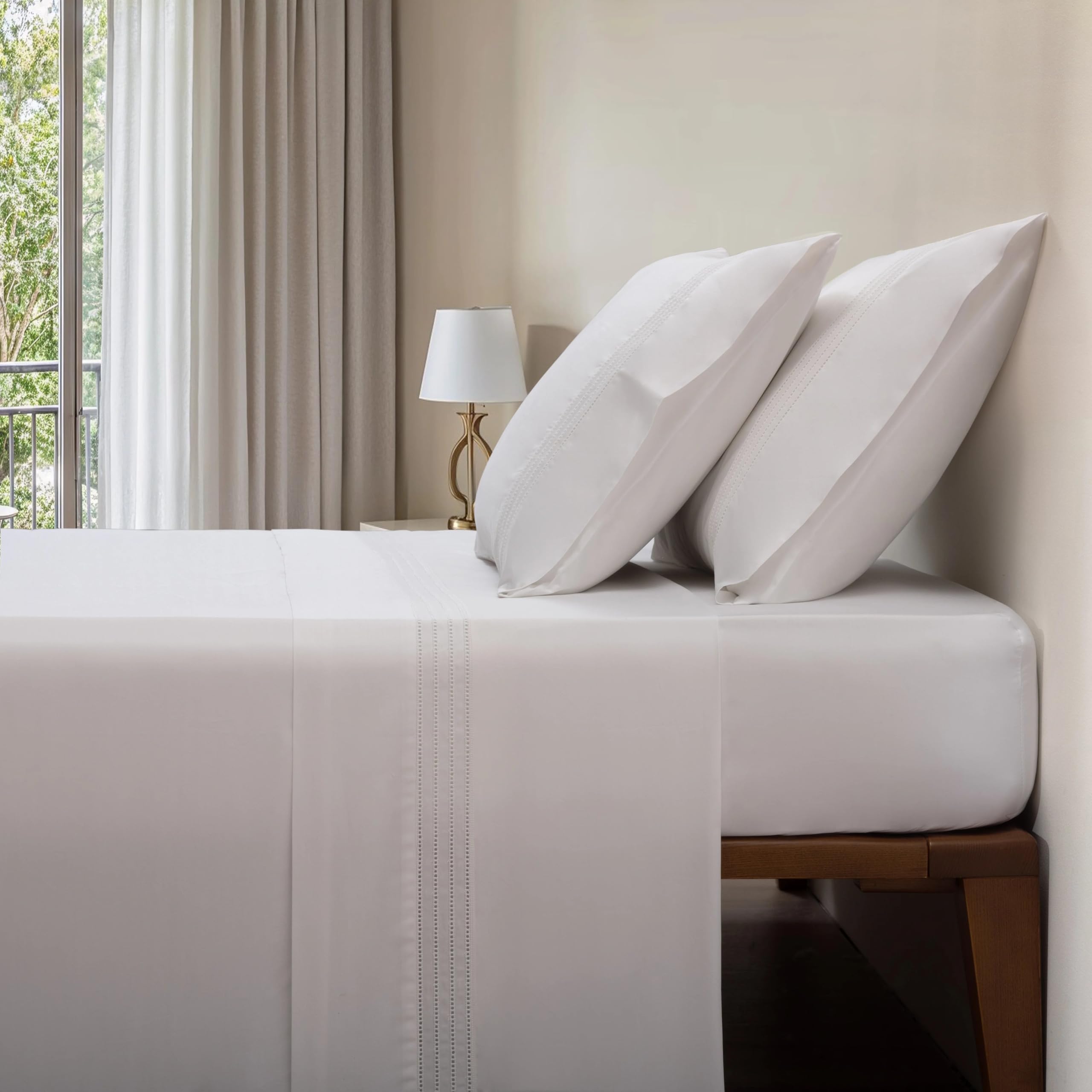 (400 Hilos Juego de Sábanas Algodón Percal Blanco Cuatro Líneas Vainica – AL14-400 Hilos - 100% Algodón de Percal - Cama 150/160 2 Almohadas 50 x 80 cm - Fabricado Portugal