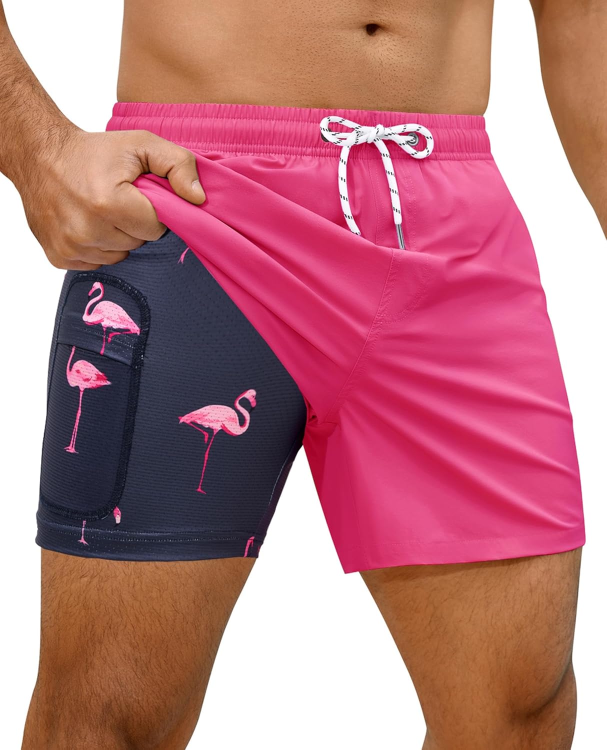 7inch Mens Swim Trunks: 2 in 1 with Compression Liner Stretch Quick Dry Drawstring Shark Pockets Beach Pool Vacation