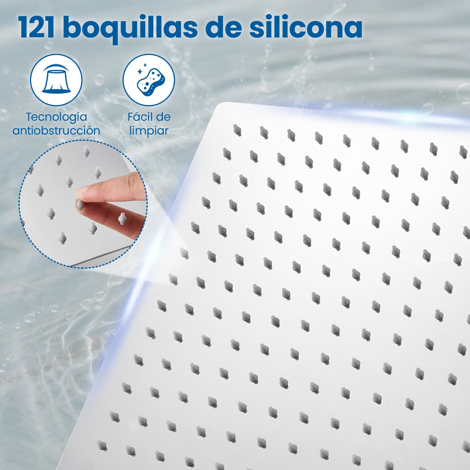 Alcachofa de Ducha Grande Anticalcáreo y Alta Presión - Cuadrado 10 Pulgadas con Boquillas de Silicona Autolimpiantes - Ducha de Lluvia en Acero Inoxidable, Fija a Pared para Baño Moderno - Cromado