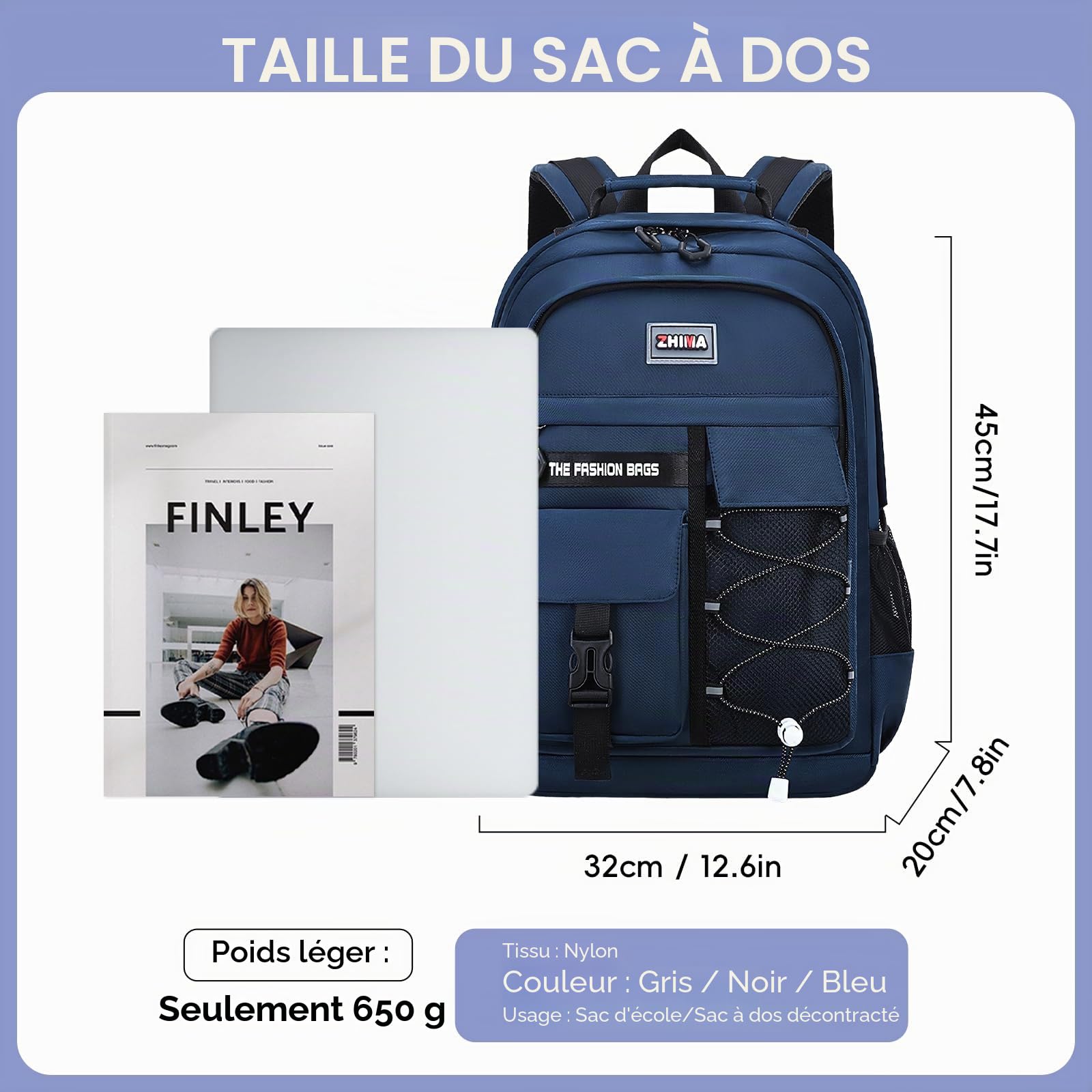 Amythe Sac à Dos Garçon Collège, Cartable Adolescent Scolaire Imperméable Durable, Sac Ecole Lycée Garçon Grande Capacité pour 15.6" ordinateur, 27L-Bleu