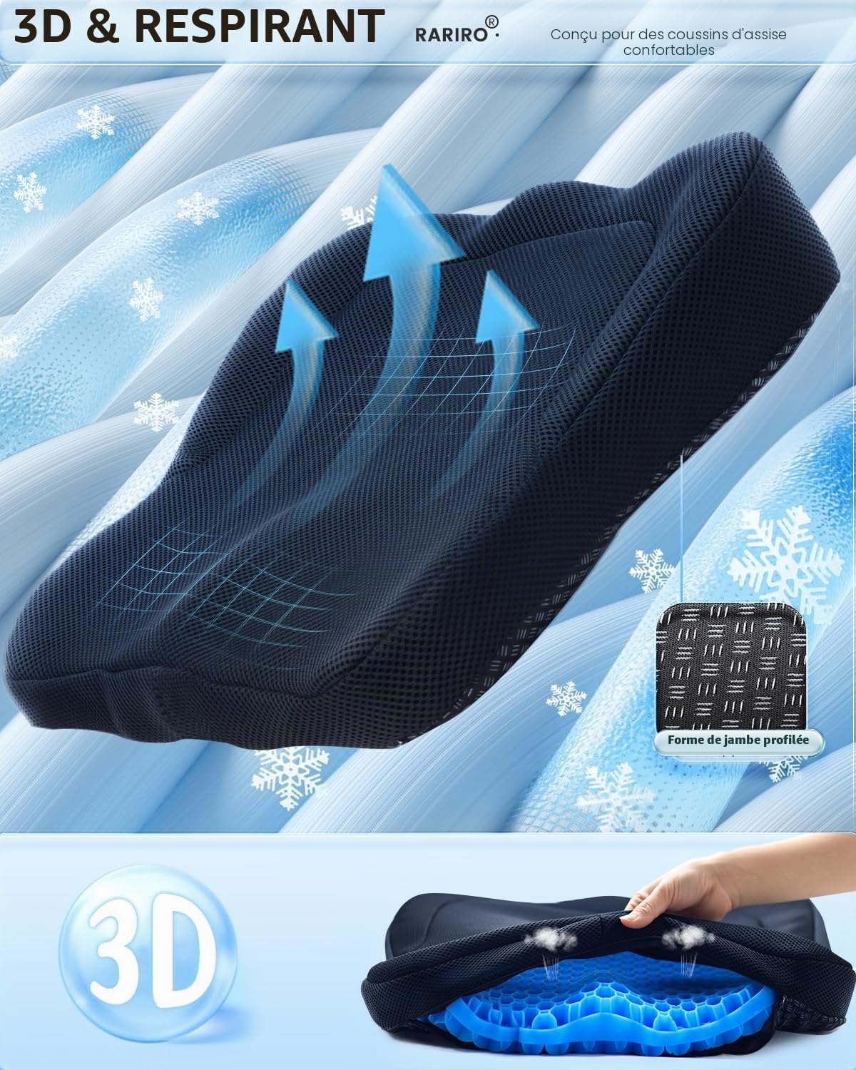 Coussin Gel Ergonomique, Respirant, Répartit Pression,Bleu,42cm | Facile à Nettoyer, Adaptable à Chaises, Bureau, Voiture, Fauteuil Roulant, Camion, Stade, Kayak et Plein Air