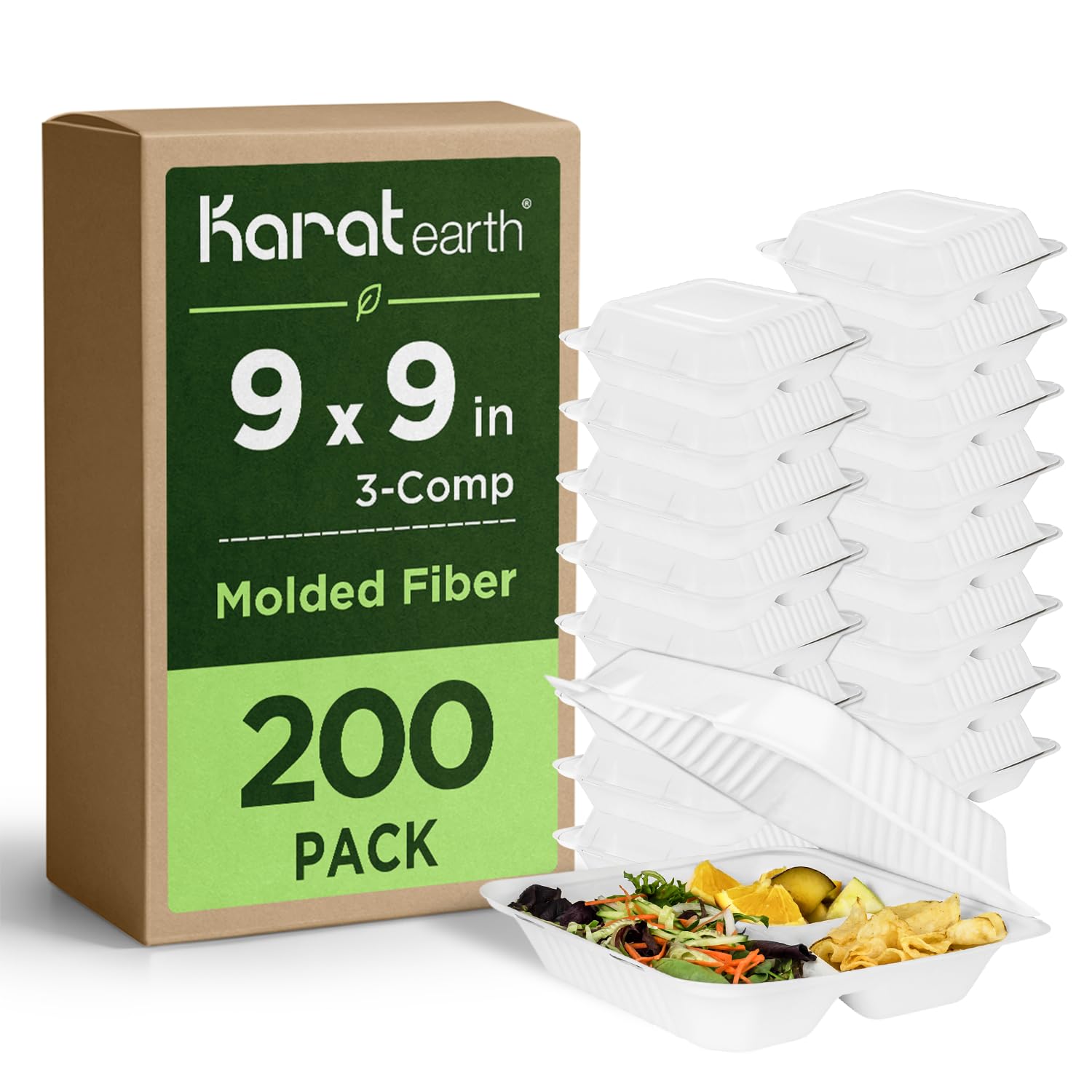 KARAT EARTH Contenedores compostables de bagazo con bisagras de 9 x 9 pulgadas, sin PFAS, 3 compartimentos, KE-BHC99-3CFF - 200 unidades