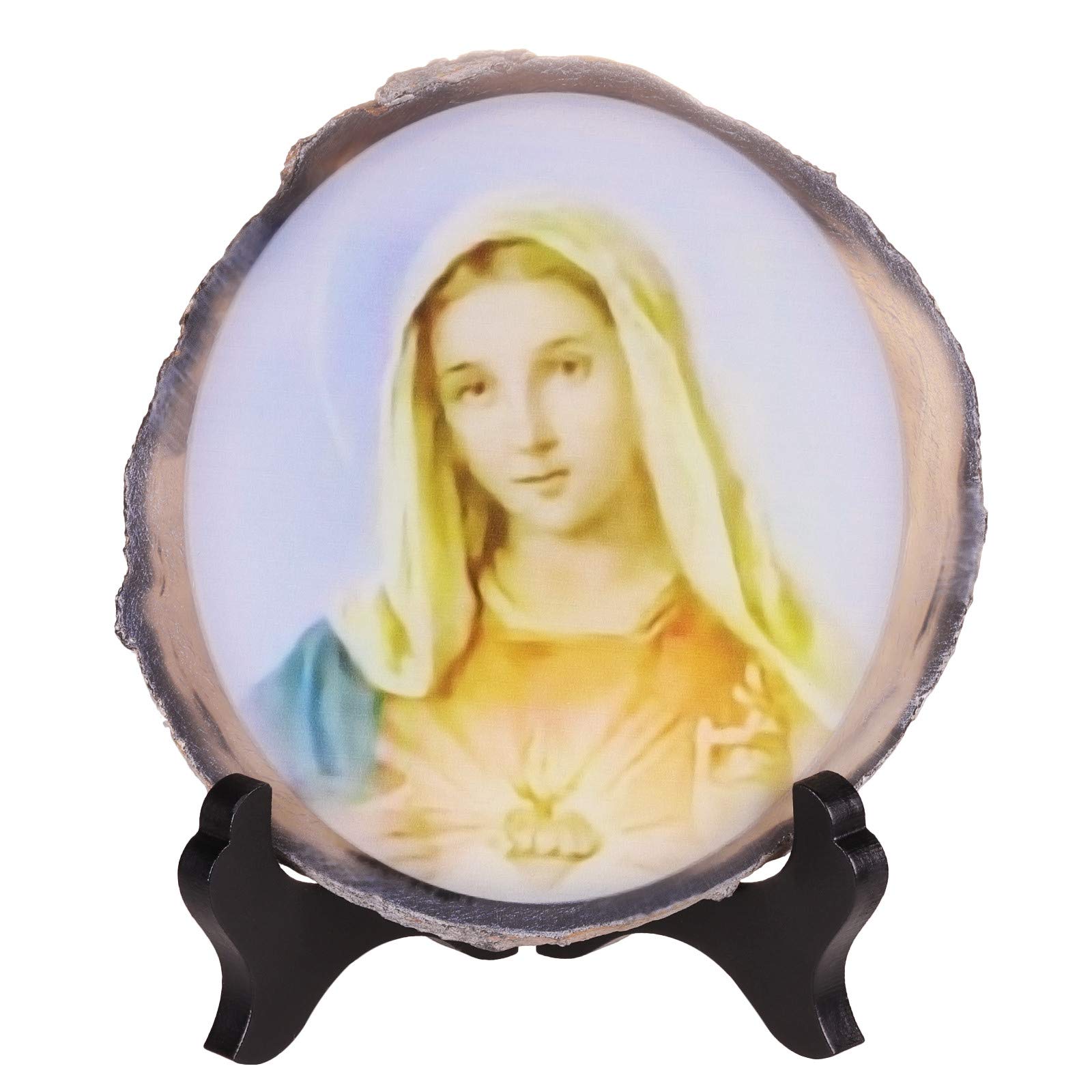 Tranche d'agate naturelle Vierge Marie : pièce d'art unique avec socle