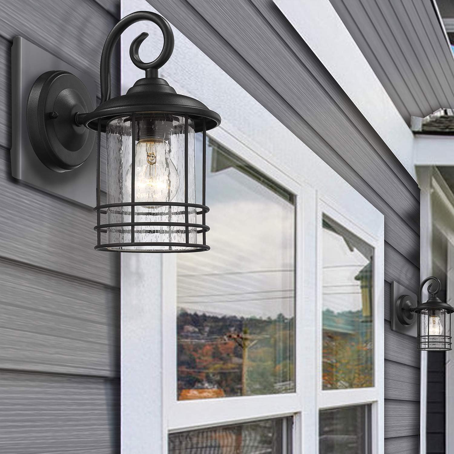 Matte Black Weather Resistant Metal Outdoor Wall Lantern Set with Seedy Glass
