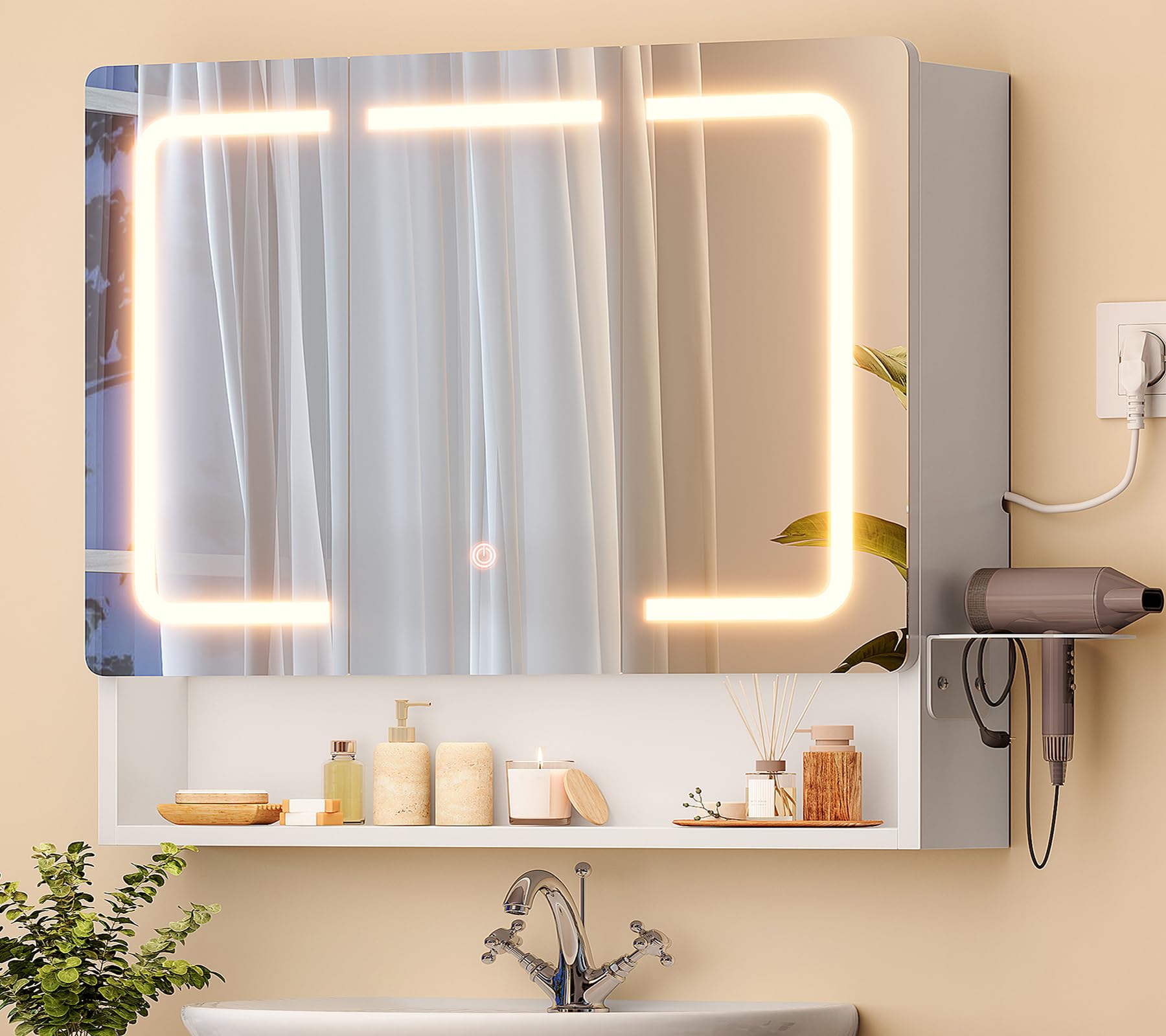 TEENFON Specchio Bagno Contenitore con Luce LED e Presa Elettrica, Mobile Bagno a Specchio con 3 Ante e Gancio Asciugacapelli, 3 Temperature di Luce Dimmerabili a Touch, Ripiani Regolabili, Bianco