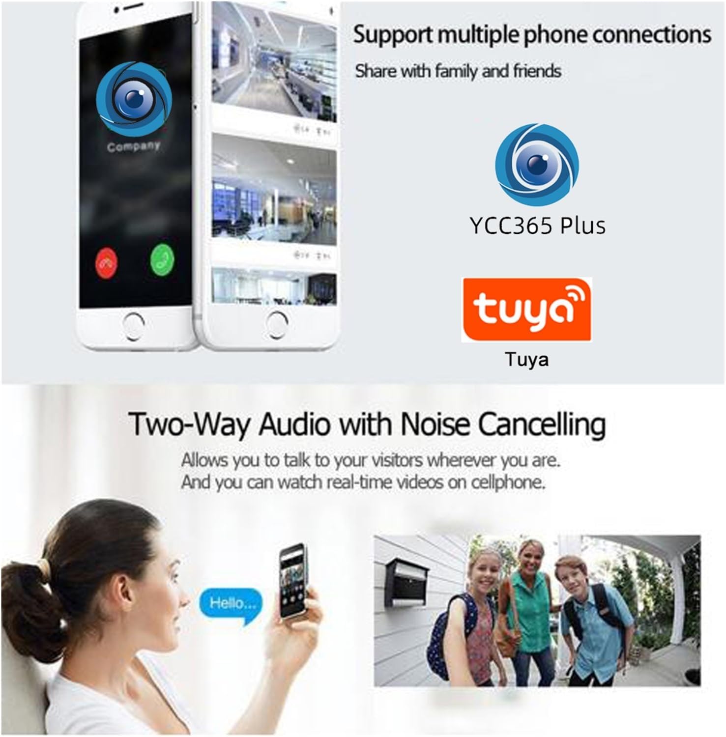 Smartphone screens showing the Tuya Smart and YCC365 Plus apps, with a woman talking into her phone and children waving at a doorbell, illustrating two-way audio and app support.