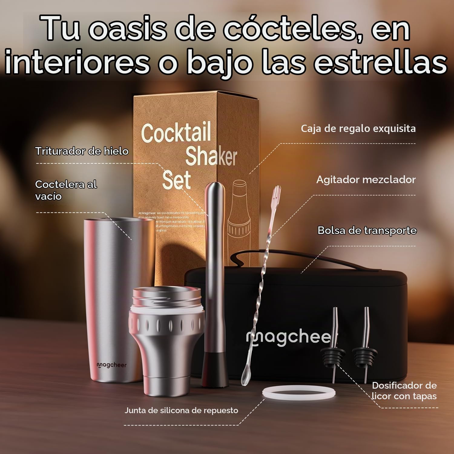 Magcheer 900ml Juego de Coctelera Profesional con Bolsa | 5 Piezas Cocktail Kit | Coctelera Aislante Resistente a Las Heladas | Tapa con Vaso Medidor Incorporado | Regalo Hombre(Gris)