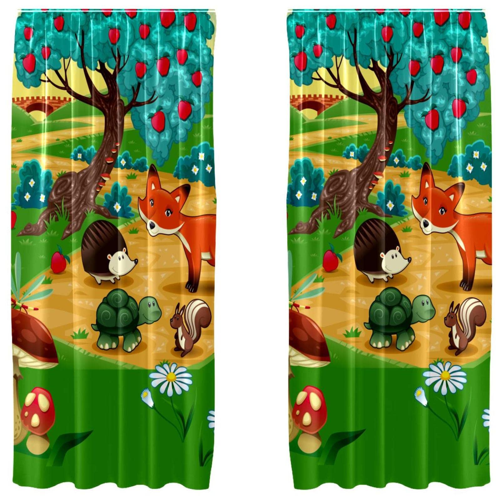Cortinas de zorro de diseño floral y erizo animado en set de 2 paneles largos de 55x84 pulgadas