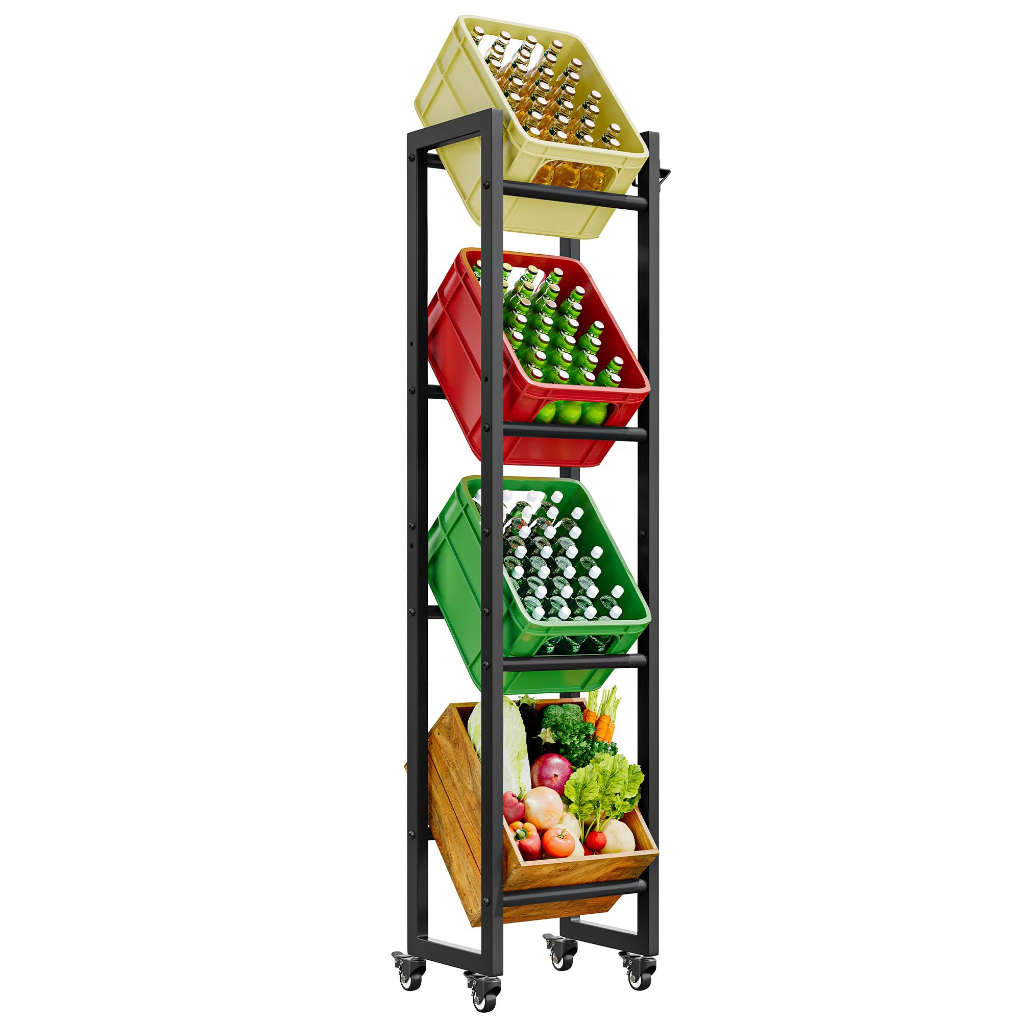 YITAHOME getränkekistenregal schmal mit rollen 4 kisten, verstellbaren füße, Öffner, Metall Kistenregal mit 4 Ebenen für Bier, Obst, Gemüse, Wasser, getränkeregal kisten regal