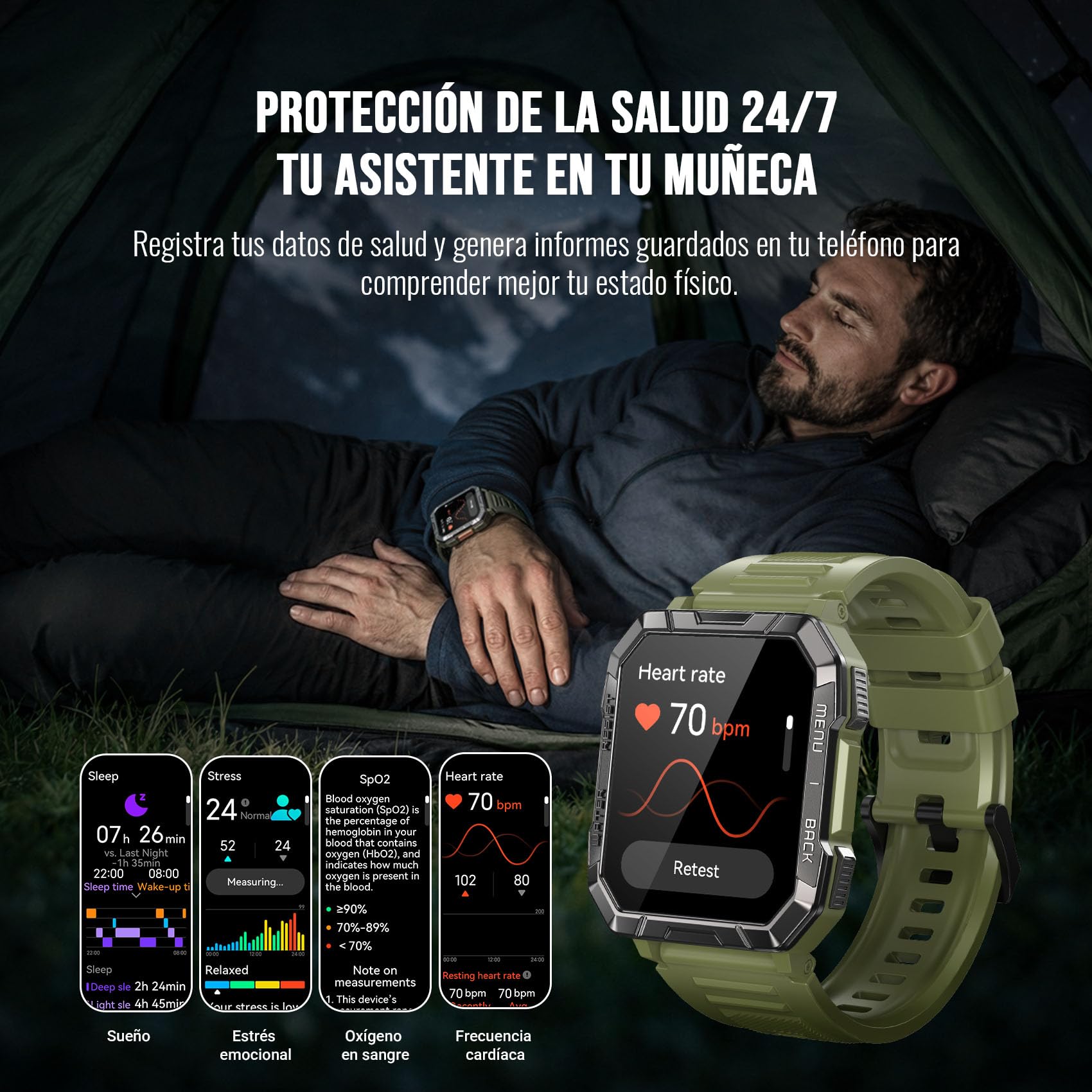 Blackview Reloj Inteligente Hombre Militar - 2.01” Smartwatch Hombre con Linterna, Brújula, Llamadas Bluetooth, Pulsómetro, Monitor de Sueño, Reloj Deportivo con Podómetro, 100+ Modos Deportivos