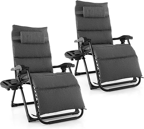 Miniatura 12 de Giantex Silla Zero Gravity con cojines de patio, silla reclinable plegable ajustable con almohada y soporte para tazas, sillón reclinable de césped