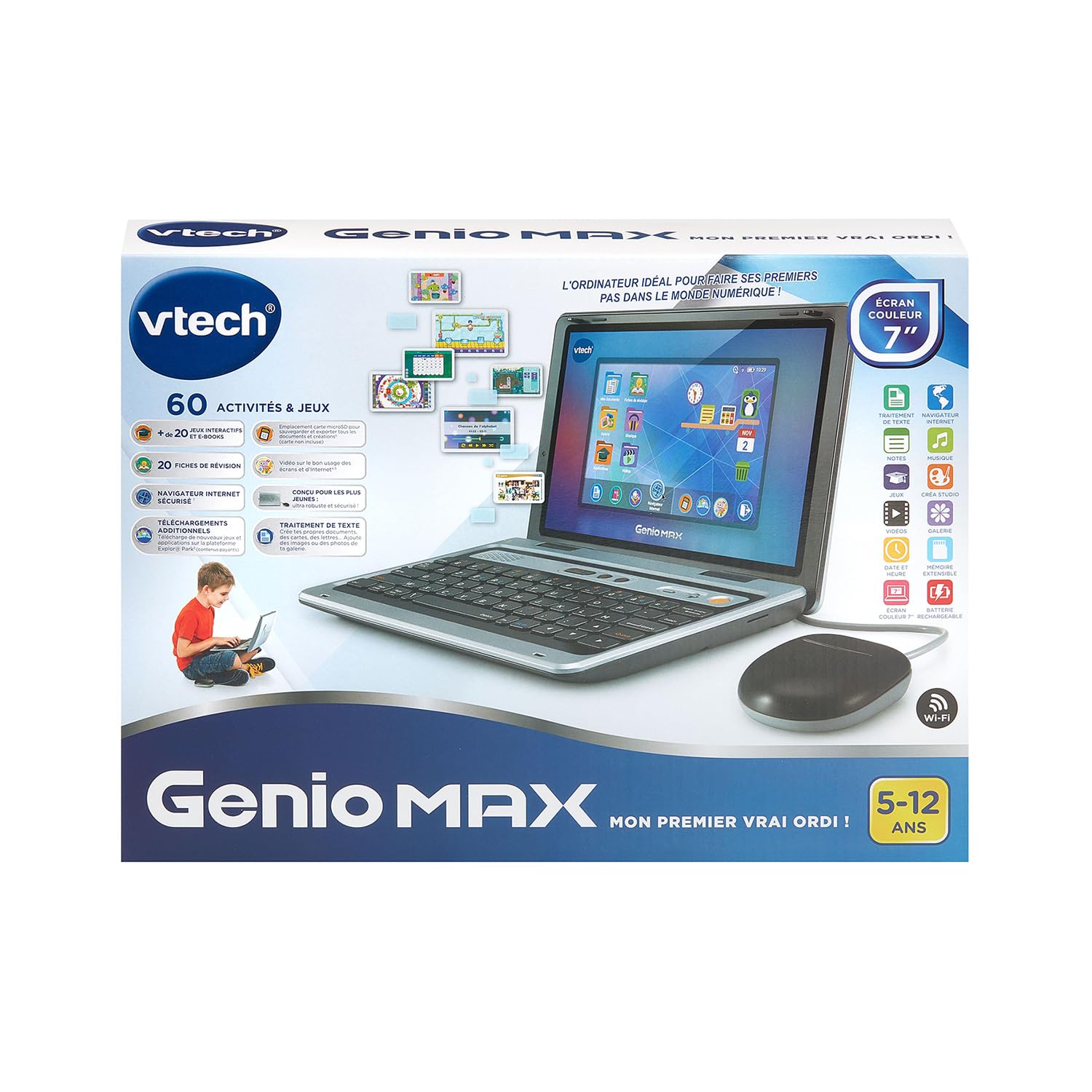 VTech Genio Max grau metallic, Lerncomputer für Kinder ab 5 Jahren | Kinder-Laptop mit Farbdisplay, AZERTY-Tastatur, Maus und bereits 60 Apps und Lernspiele in französischer Sprache
