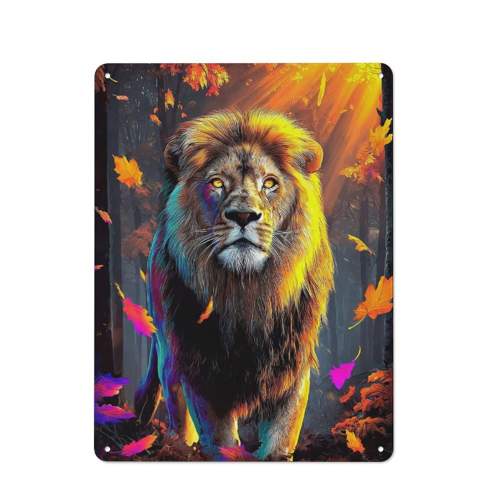 Retro Metal Sign 40x30cm Featuring Golden Lion in Autumn Forest -1, Home Bar Decor for Pub, Home Bar, Shed Or Man Cave