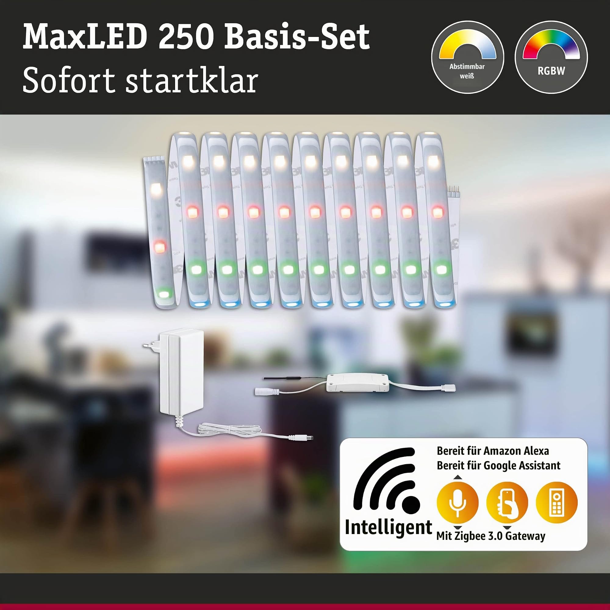 Paulmann 78866 LED Stripe MaxLED 250 Basisset Smart Home Zigbee 3m IP44 15W 600lm 30LEDs/m RGBW+ 36VA dimmbar Silber Kunststoff