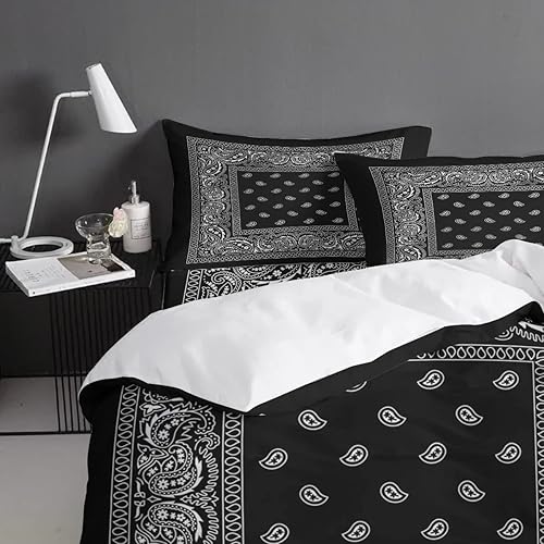Miniatura 3 de muobv Popular Hip Hop - Juego de funda de edredón de 3 piezas con estampado de flores de anacardo y anacardos, estilo damasco negro, funda de