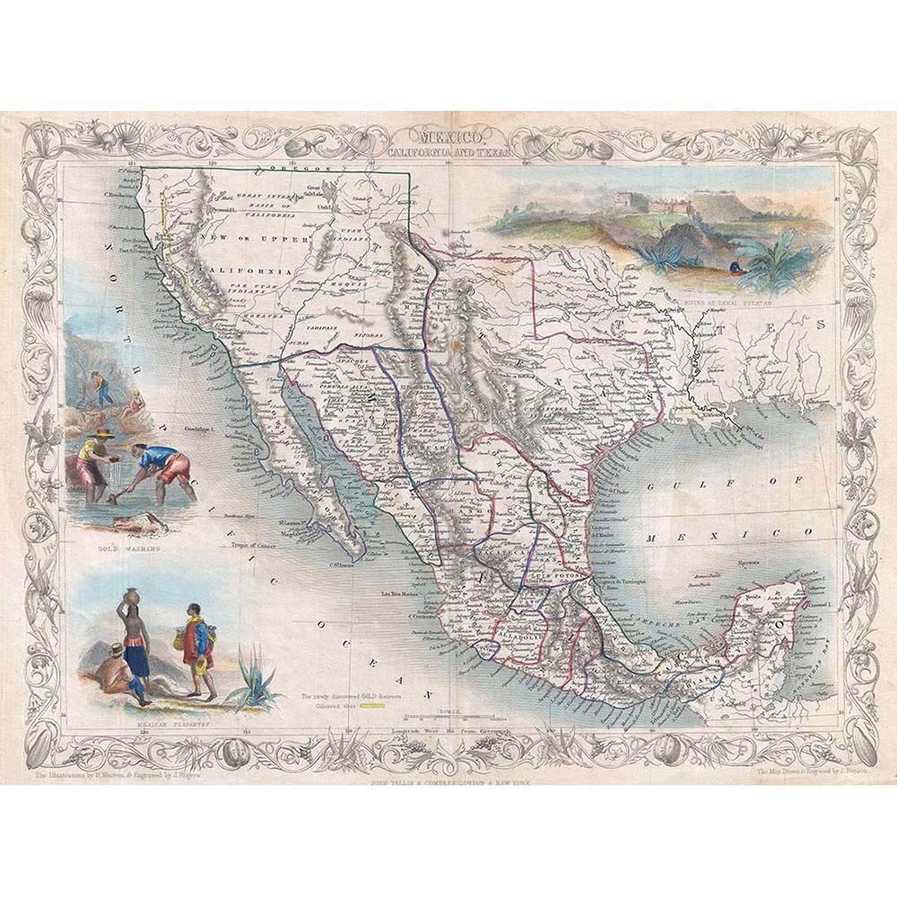 Wee Blue Coo 1851 Tallis Map Mexico Texas And California 1851 Art Print Poster Wall Decor 12X16 Inch