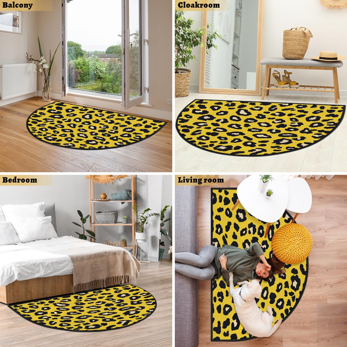 Mexpekil Paillasson demi-lune pour intérieur et extérieur - Motif léopard jaune - Demi cercle - Absorbant la saleté - 100 x 160 cm