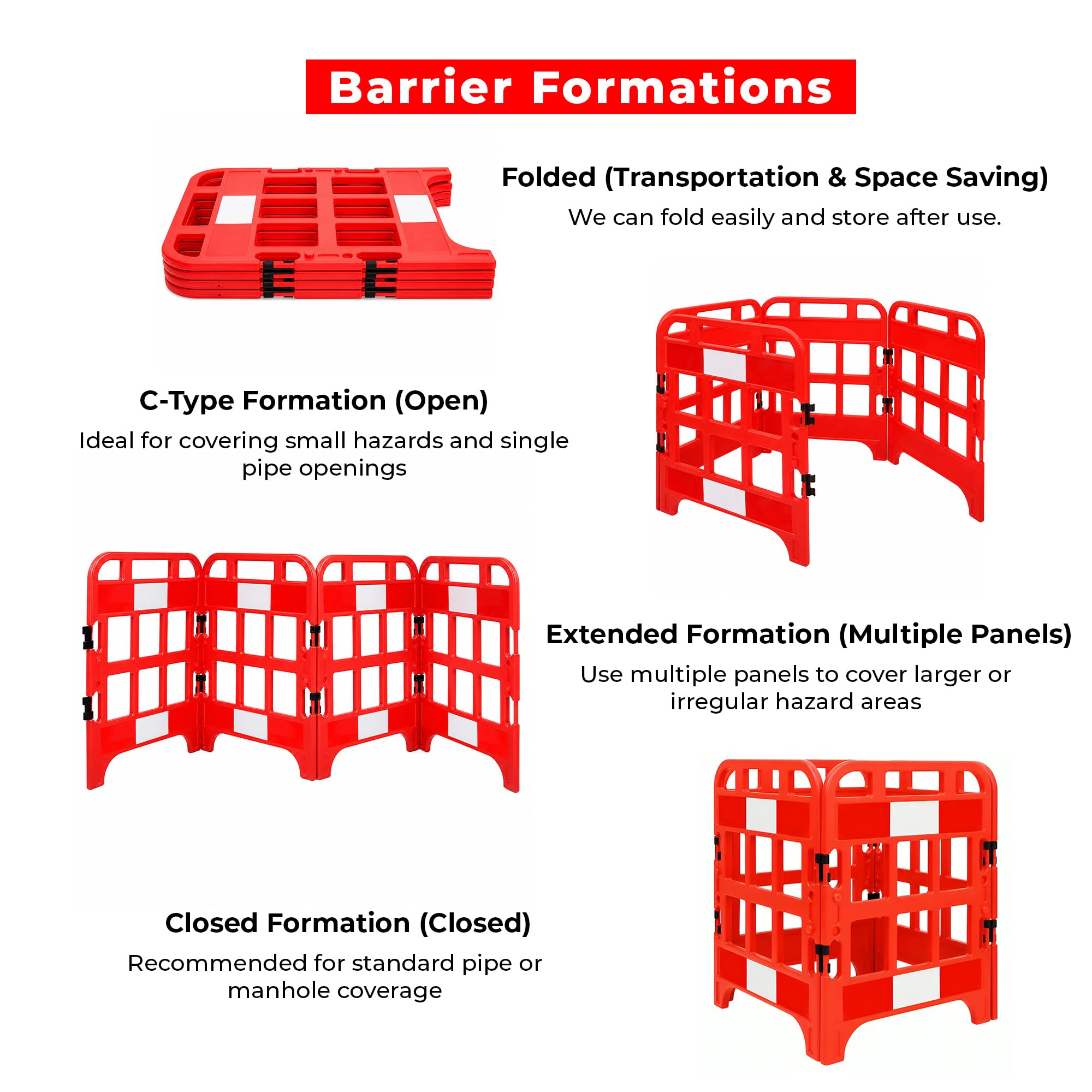 Barrera plegable – Rojo | Puerta temporal plegable de 4 piezas | Barrera de seguridad reflectante para la seguridad de peatones y trabajadores
