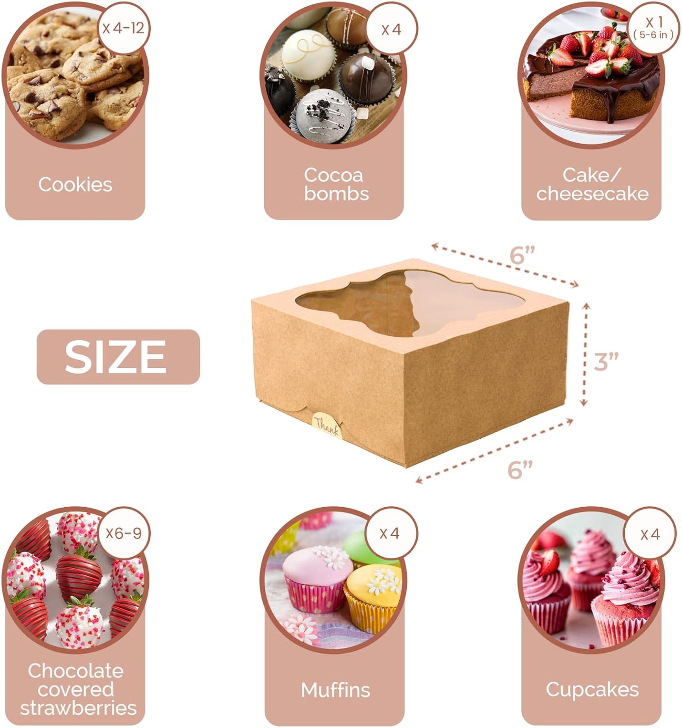 20 Pack Cookie Boxes for Gift Giving – 6X6X3 Inches Bakery Boxes with Window - Extra Thick Small Cookie Containers for Treats, Desserts, Strawberries, Cupcakes, Candy, Charcuterie, Baked Goods, Pastry