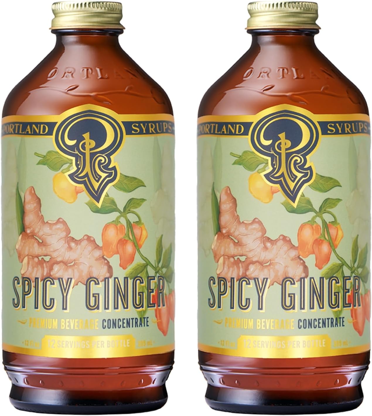 Portland Syrups Spicy Ginger Syrup - Extra Spicy Heat and Fresh Ginger Flavor - Premium Beverage Concentrate for Cocktails, Mocktails, Tea, and More - 12 oz with 24 Servings (Pack of 2)