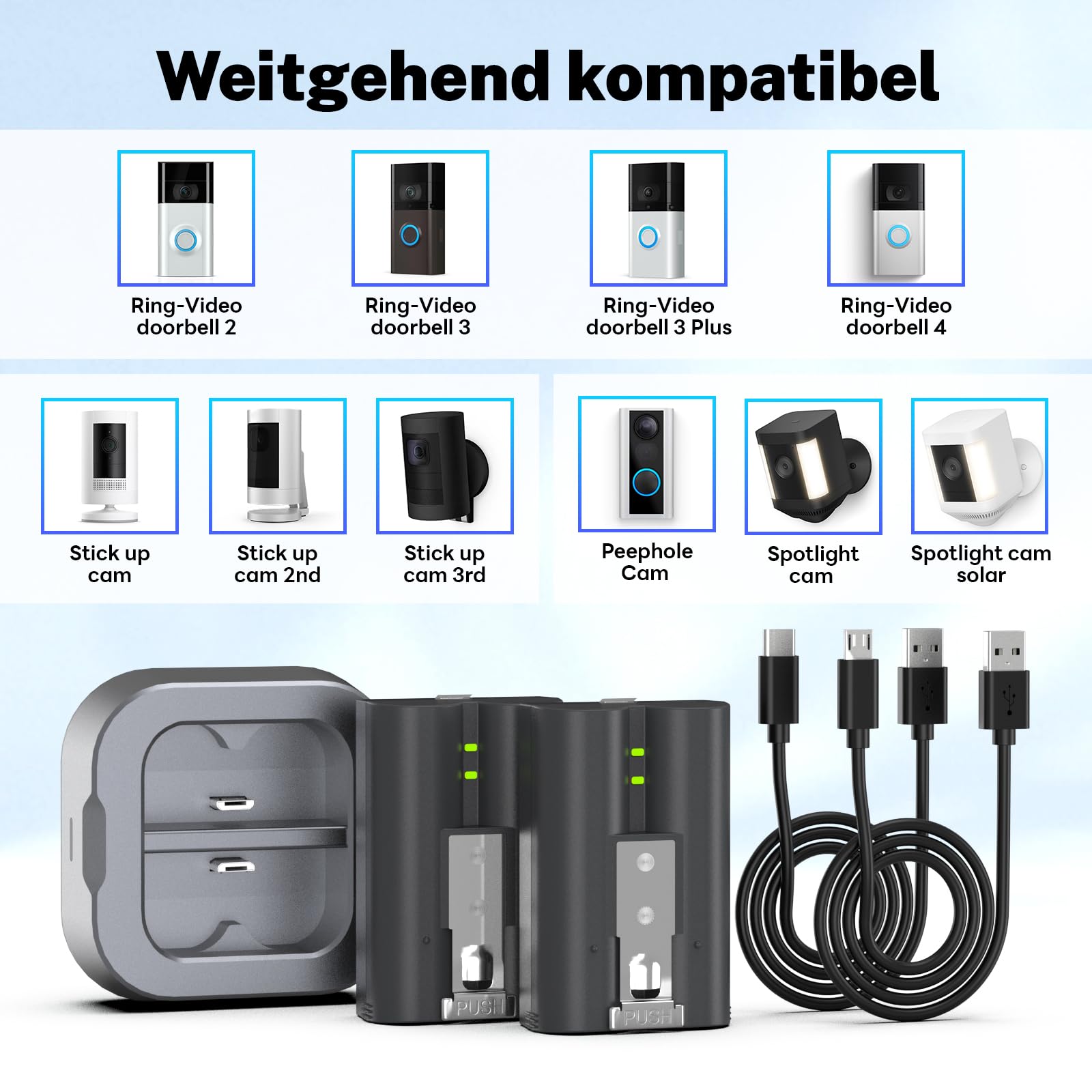 2 baterie 7200 mAh, zamiennik akumulatora pierścieniowego ze stacją ładującą, akumulator do kamery o dużej pojemności, kompatybilny z Ring-Doorbell 2/3/4/3plus, Stick Up Cam (2/3 generacji), Spotlight
