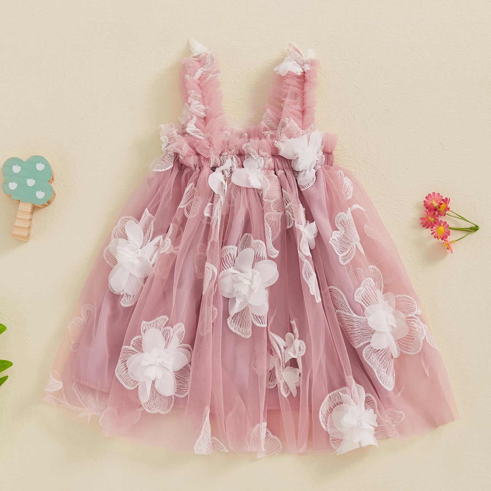 Gaono Baby Girl Flower Tutu Dress Sleeveless Rose Trim Butterfly Wings Fairy Tullde Dresses Birthday Party Summer Clothes (C-Pink, 2-3 Years)
