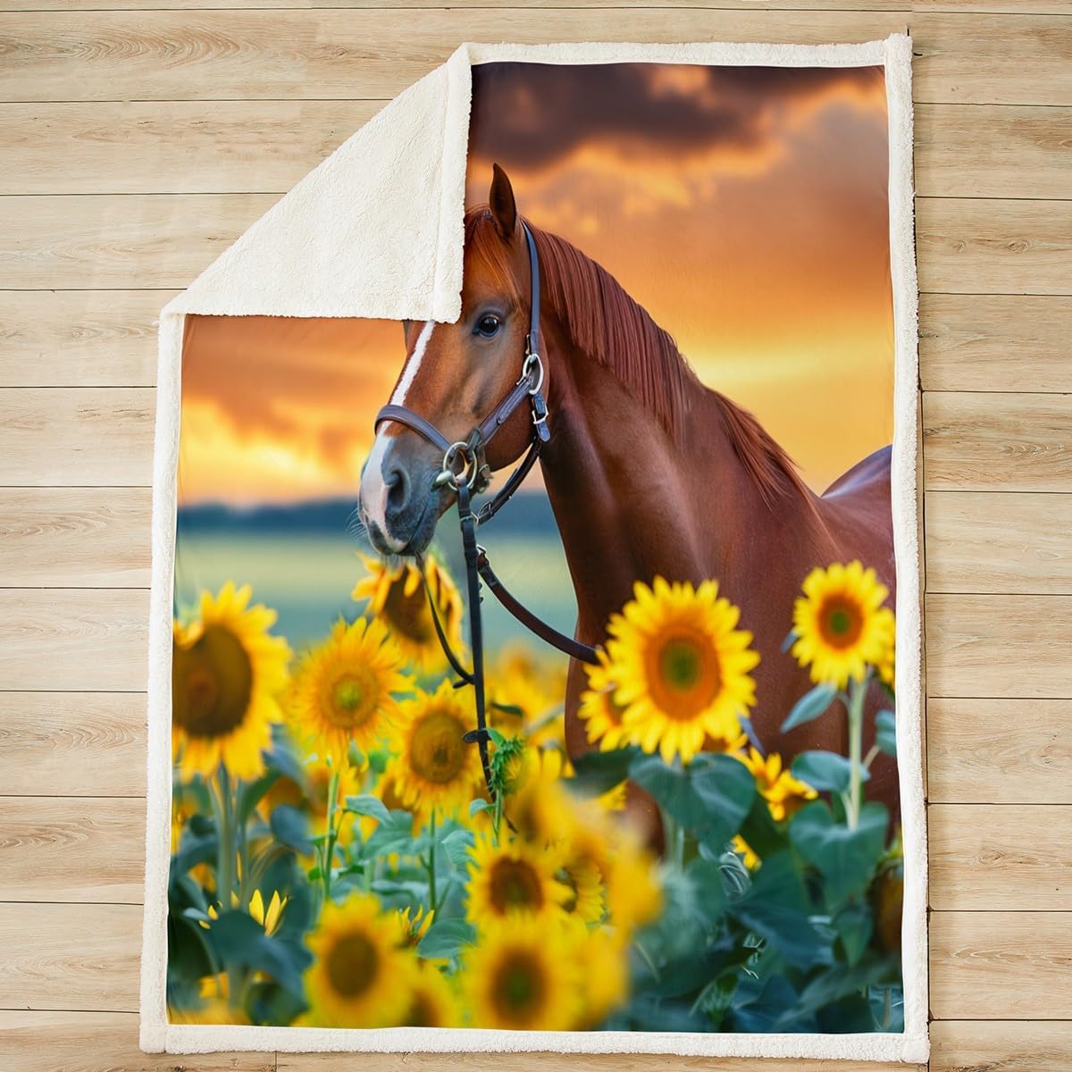 Sunflowers Print Sherpa Fleece Blanket Yellow Sunflowers Brown Horse Throw Blanket Orange Sunset Fuzzy Soft Blanket Bed Couch,Throw Size (50 x 60 Inches)