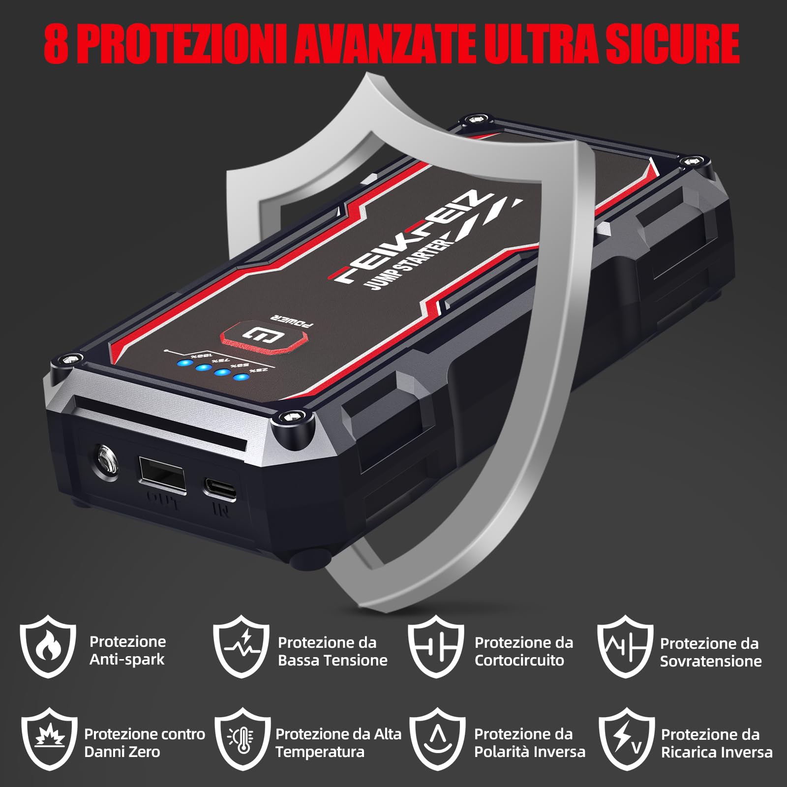 FEIKFEIZ Avviatore Batteria Auto, 6000A 26800mAh Avviatore Emergenza per Auto (Adatto a Tutti i Veicoli a Benzina o 8,0L Diesel), Avviatore di Emergenza, Jump Starter, con di Uscita USB, Luce LED