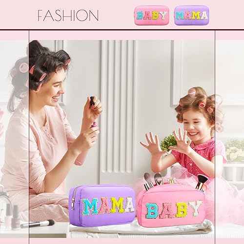 Miniatura 4 de Sanwuta Bolsa de cosméticos de nailon, bolsa de maquillaje con letras de chenilla, bolsa de maquillaje con cremallera, bolsa de artículos de tocador