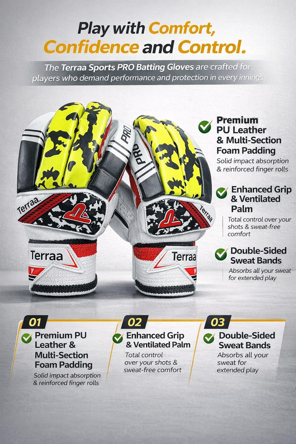 terraa Ultra Pro Cricket Batting Gloves | Premium PU Leather, Reinforced Finger Rolls, Multi-Foam Padding, Ventilated Grip Palm, Double Sweat Band, Flexible Wrist Support (Adult (Mens)) 3