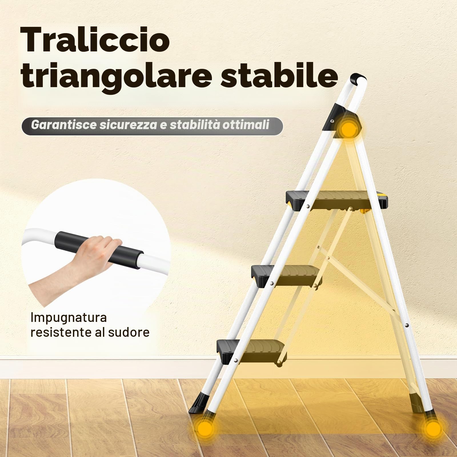 Urackify Scaletta 3 Gradini Pieghevole, portata 150 kg, sgabello pieghevole per Casa Ampia Pedata Antiscivolo & Maniglia Sicura Design Compatto, scala Pieghevole ideale per uso domestico e lavorativo