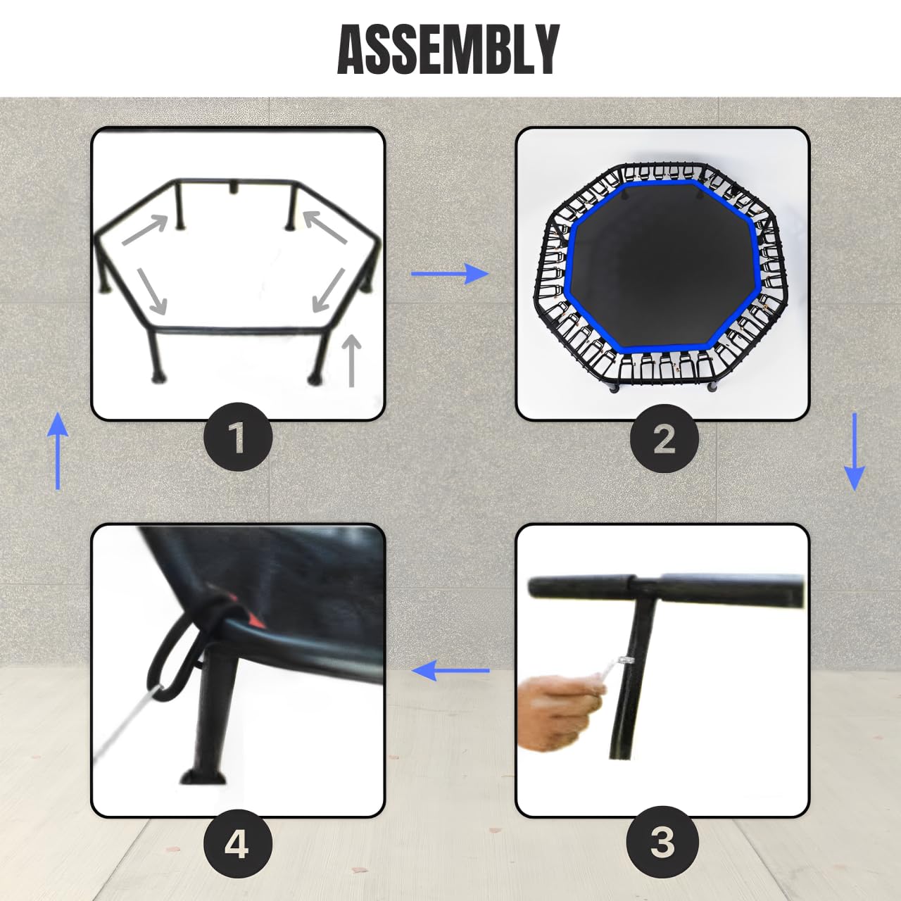 Trampoline Fitness Elastique pour Sauter de Ø90cm Pliable et Silencieux. Installation Facile, Octogonale pour Adultes,Enfants. Intérieur,Extérieur avec Accoudoirs Réglables en Mousse.