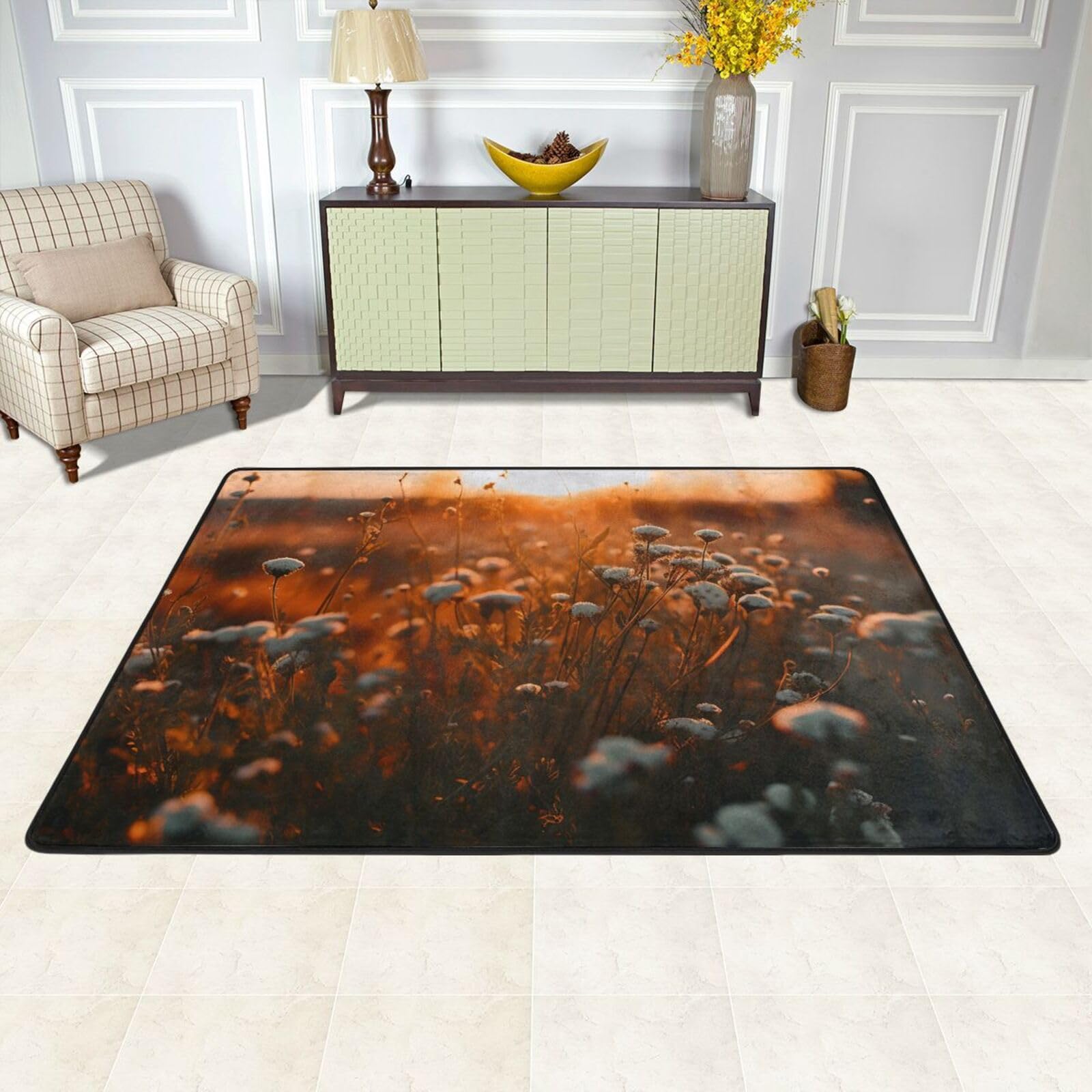 Tapis de sol pour salon grand format antidérapant lavable et doux motif fleurs
