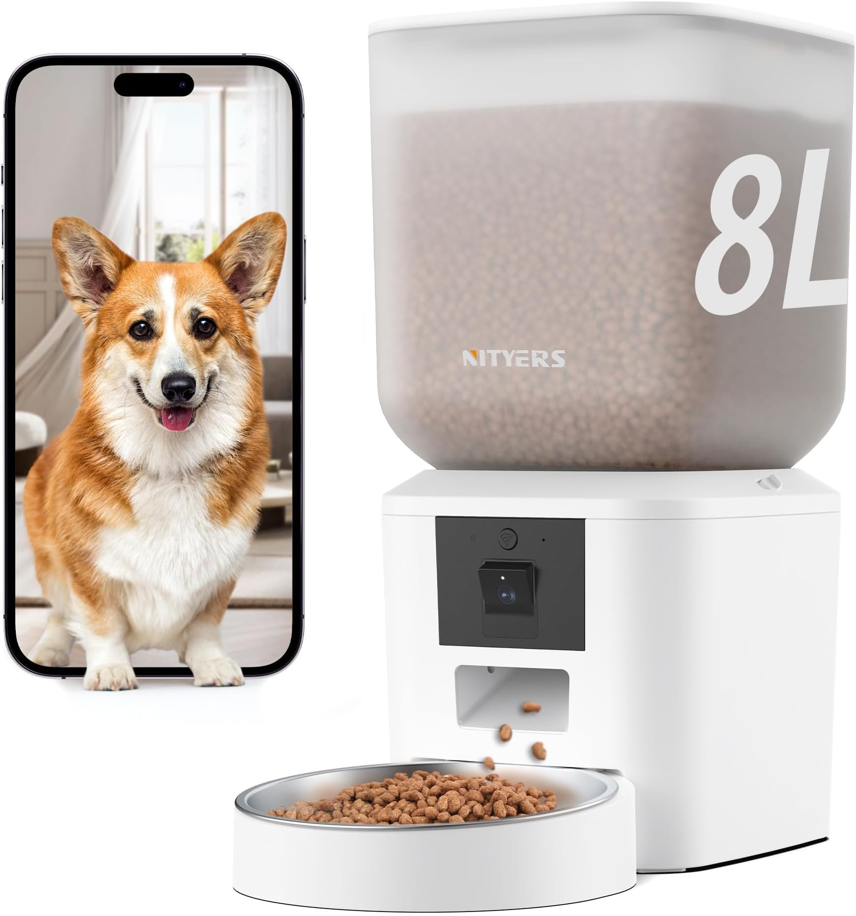 - Automatic Dog & Cat Feeder with Camera & WiFi – 8L/34 Cups, 1080P Night Vision, 2.4 & 5G WiFi, 2-Way Talk, 10s Voice Recording, Timed Food Dispenser, Up to 99 Portions, 15 Meals Per Day