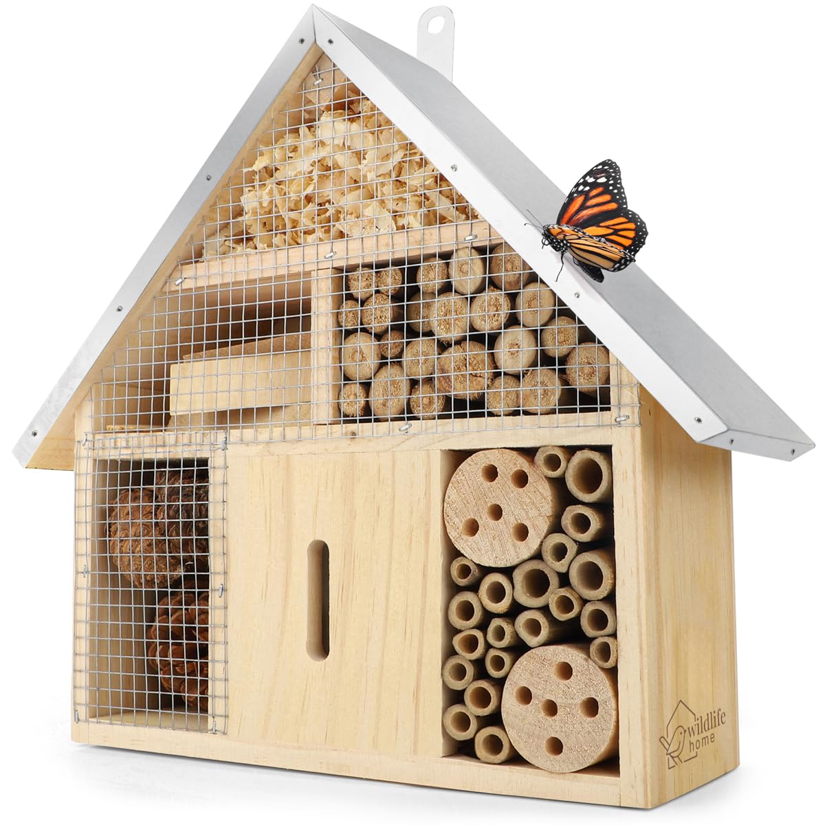 WILDLIFE HOME Insect Hotel - Natural & Weatherproof, Insect House Made of Natural Wood for Bees, Wild Bees, Ladybirds & Butterflies, Bee Hotel & Nesting Aid for Hanging